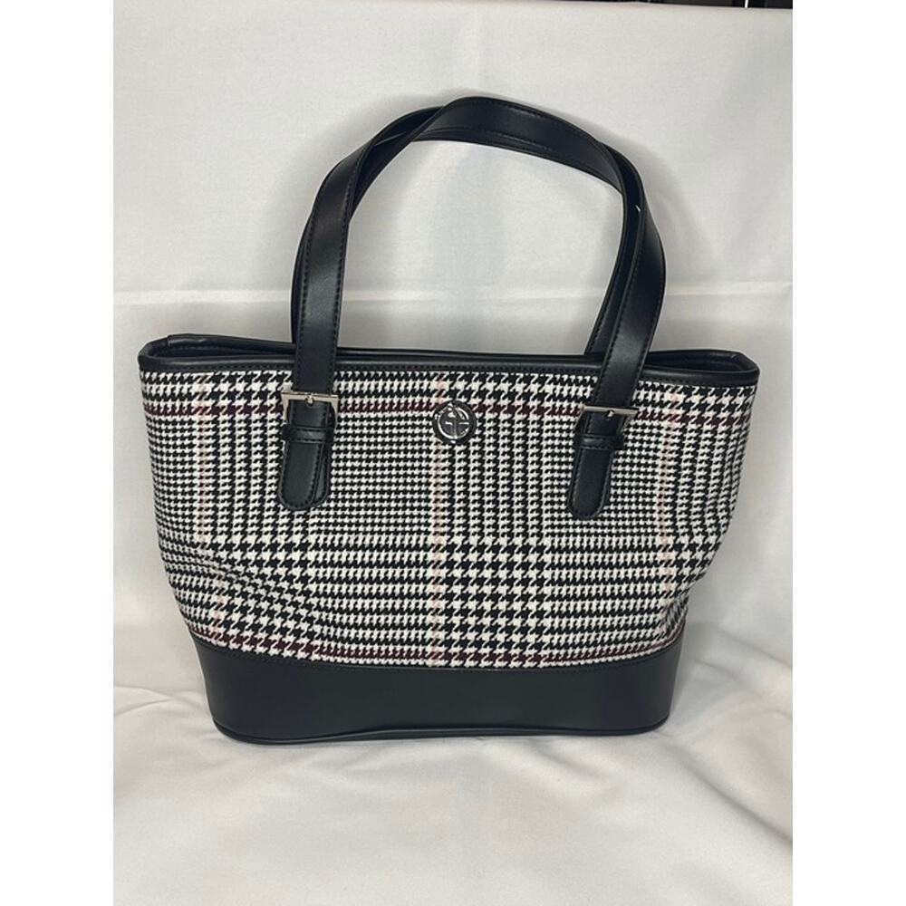 Gianini Bernini Houndstooth Woven Plaid Tote Bag Black White Shoulder Purse USED